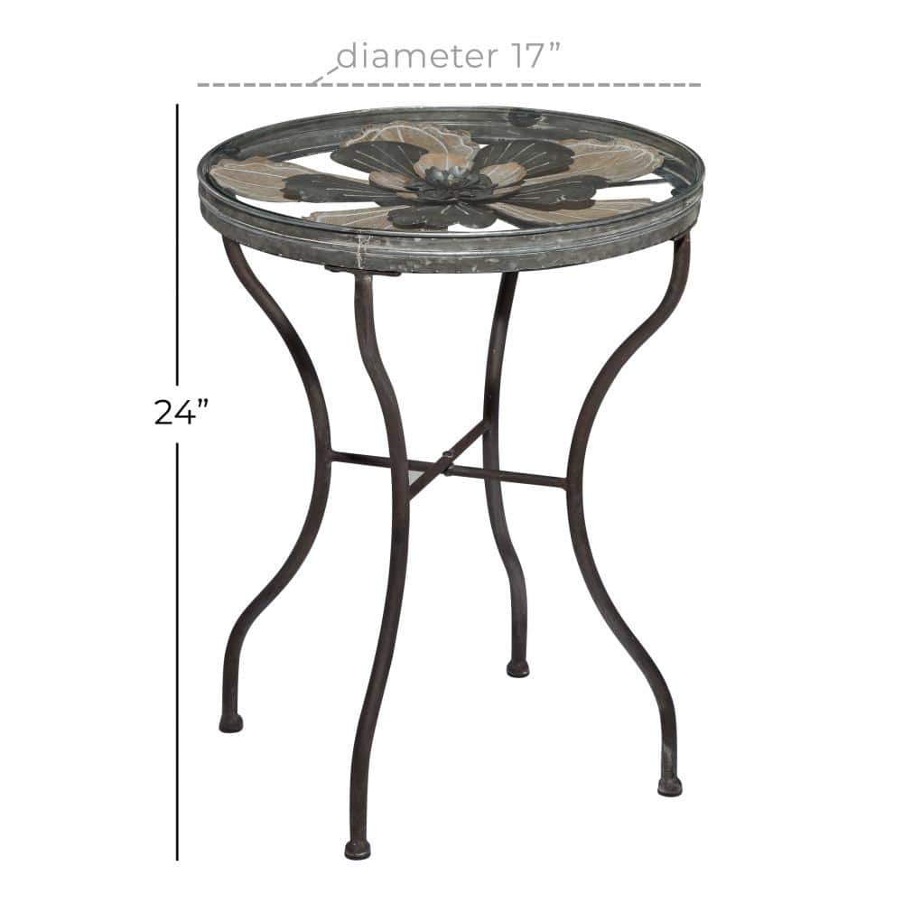 Round Weathered Metal and Glass Floral Accent Table