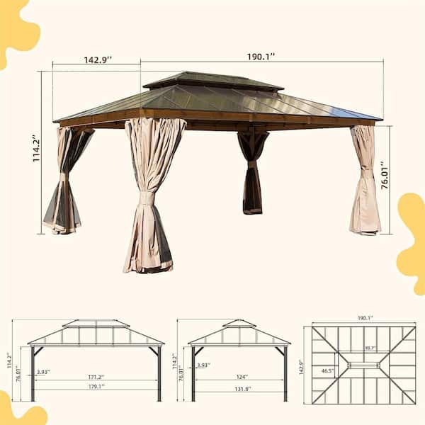 12 ft. x 16 ft. Hardtop Gazebo, Aluminum Permanent Outdoor Gazebo with Polycarbonate Double Roof, with Curtain and Net