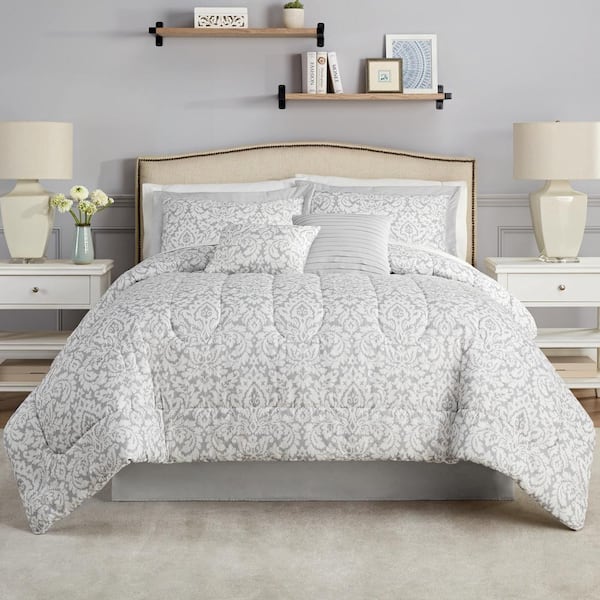 Waverly Dashing Damask 6-Piece Grey Polyester King Comforter Set