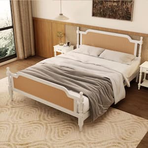 Exquisite Rattan Style Antique White Wood Frame King Size Platform Bed, No Box Spring Needed