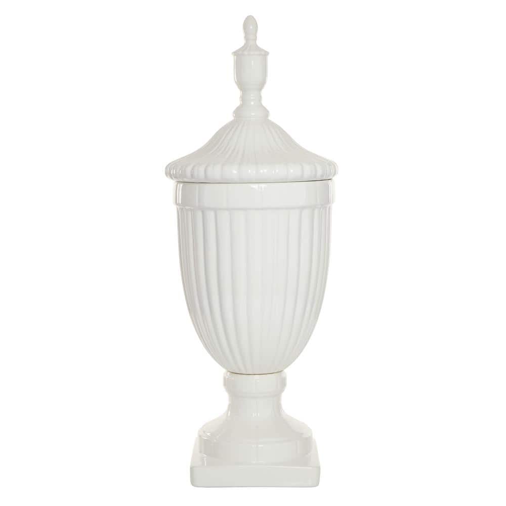 26" White Ceramic Tall Fluted Urn Vase with Lid