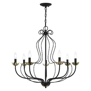 Katarina 7-Light Black Floral Chandelier with Antique Brass Accents