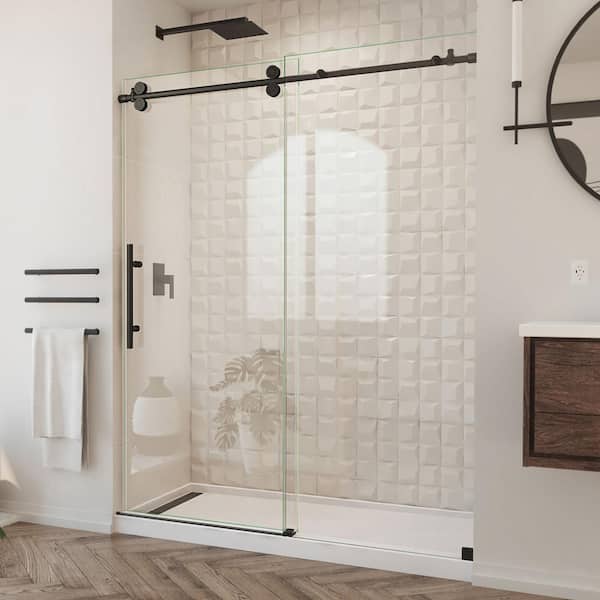 Enigma XO 56 60 in. W x 76 in. H Frameless Sliding Shower Door in Matte Black Stainless Steel