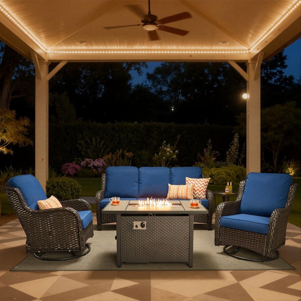 Nerium A 5-Piece Wicker Outdoor Patio 50000 BTU Fire Pit Conversation Set with Swivel Chairs and Navy Blue Cushions price history on PriceWatchPro
