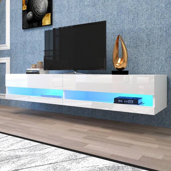 Qualler 71 in. White TV Stand Fits TV's up to 80 in. with LED Lights and Shelf