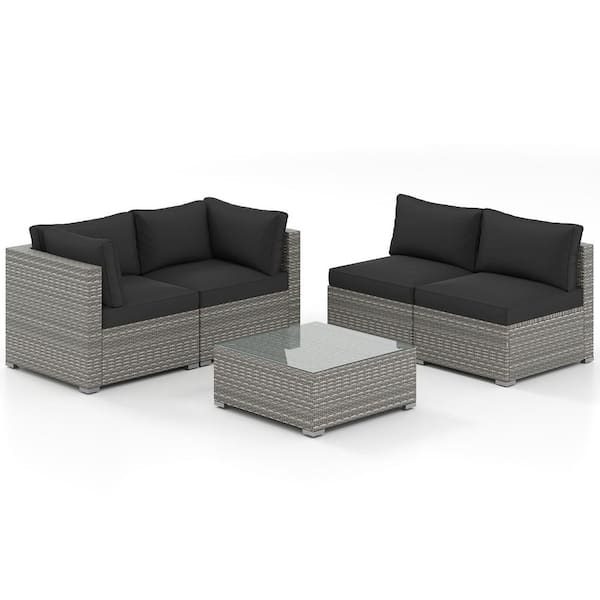 ANGELES HOME 5-Piece Wicker Patio Conversation Set Sectional Sofa Couch and Glass Coffee Table with Black Cushions