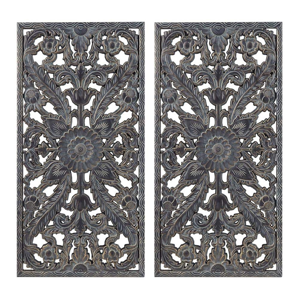 31.5 in. x 15.75 in. Antique Blue Carved Wood 2-Piece Wall Decor Set - Exquisite Lotus Flower Pattern Wall Art -  Vsmile, HD590046M