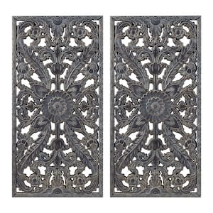 31.5 in. x 15.75 in. Antique Blue Carved Wood 2-Piece Wall Decor Set - Exquisite Lotus Flower Pattern Wall Art