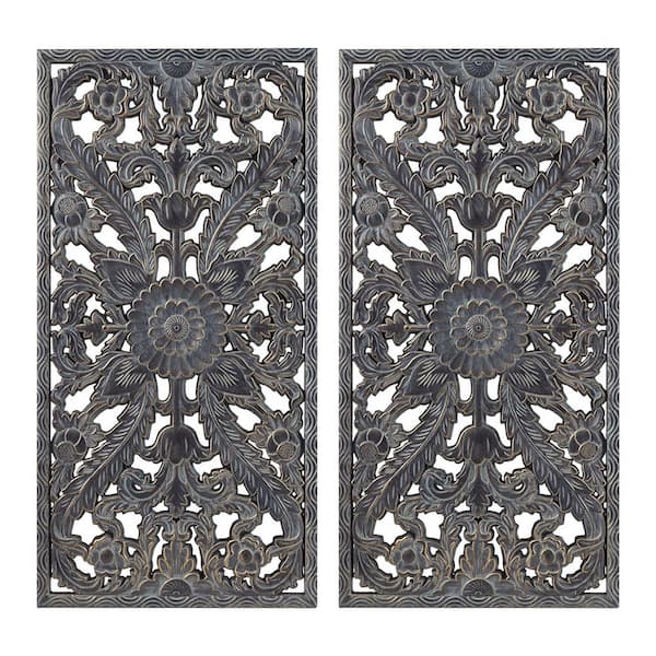 31.5 in. x 15.75 in. Antique Blue Carved Wood 2-Piece Wall Decor Set - Exquisite Lotus Flower Pattern Wall Art