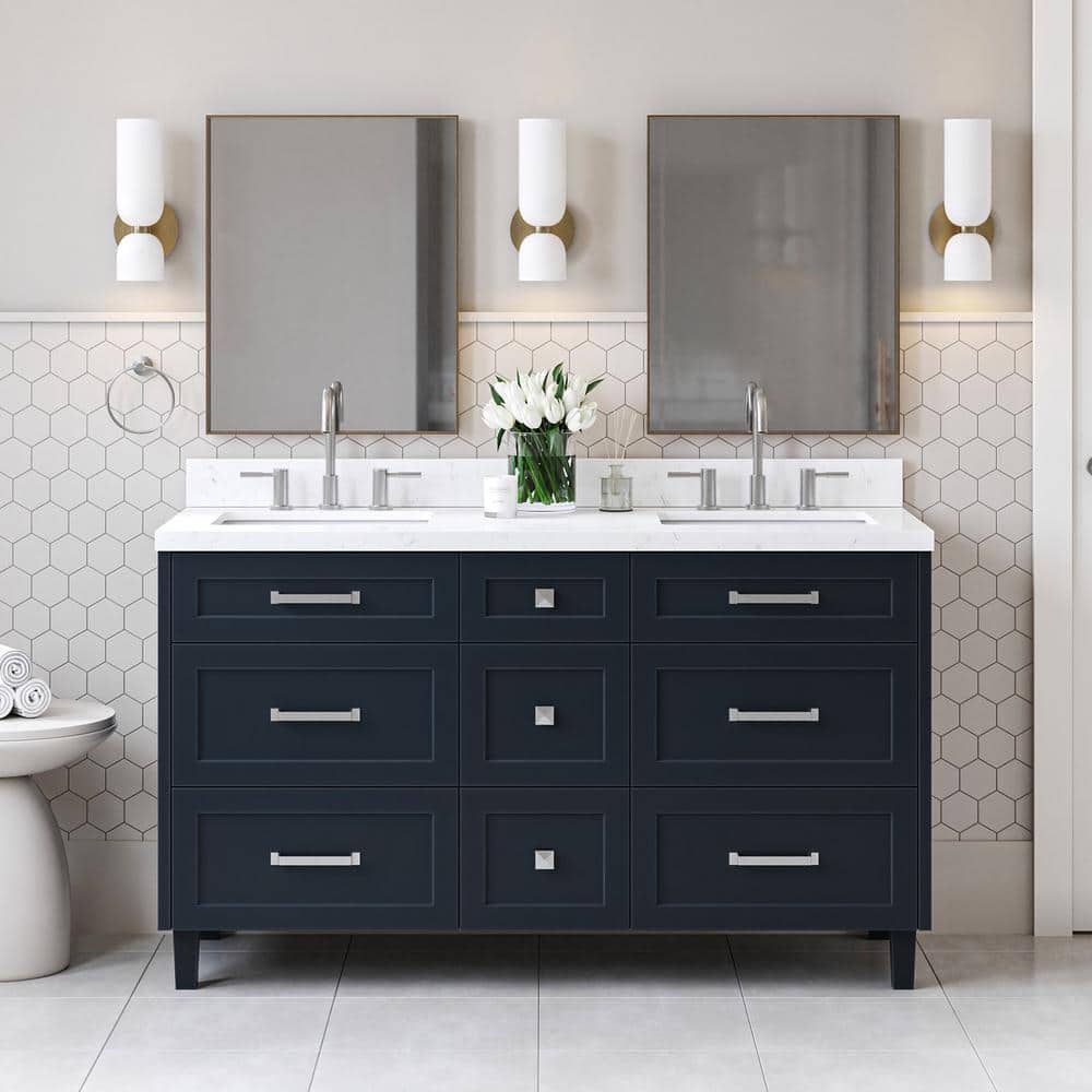 Midnight Blue 60" Double Freestanding Wood Vanity Cabinet