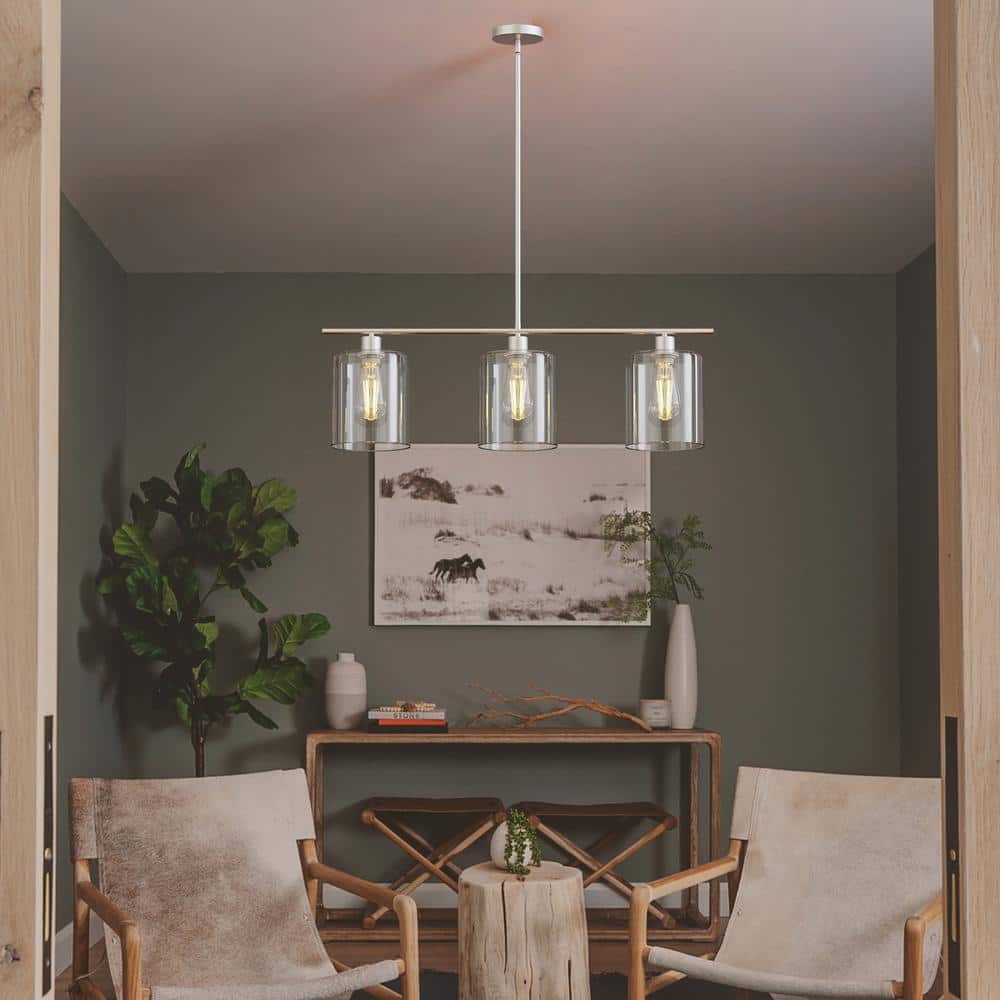 Brushed Nickel 3-Light Linear Island Pendant with Clear Glass Shades