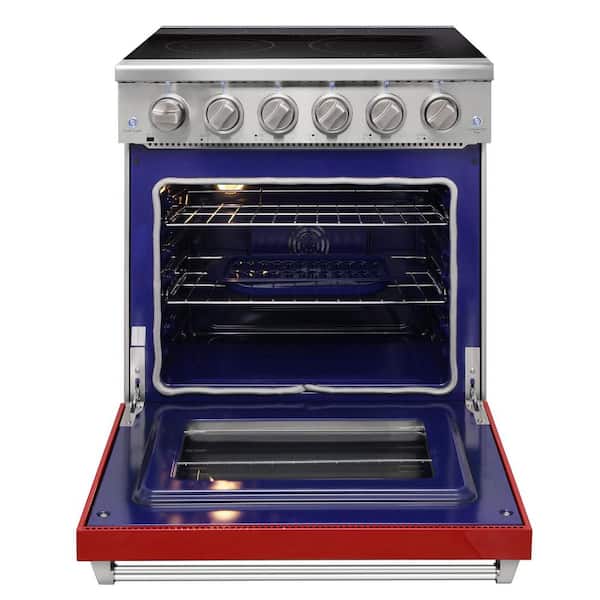 30 in. 5 Elements Freestanding Electric Range in Stainless Steel with 4.55 cu. ft. True Convection and Red Oven Door