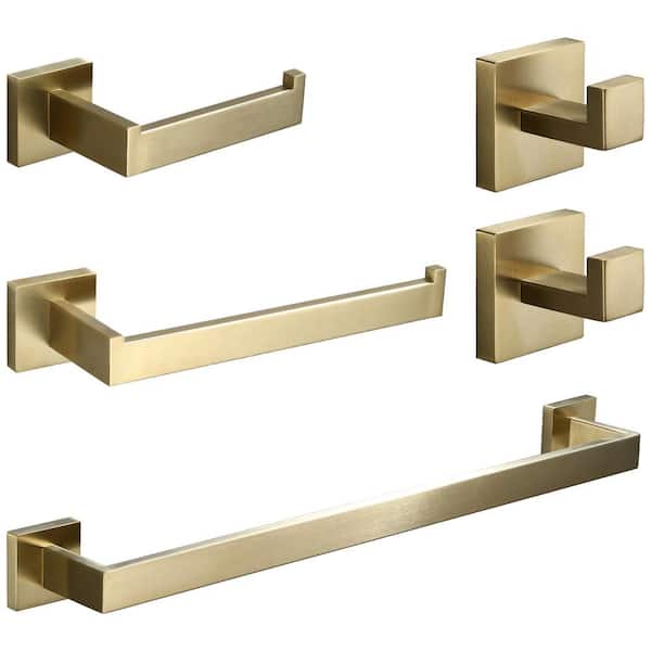 5-Piece Bath Hardware Set with Towel Bar Toilet Paper Holder Towel Hook in Brushed Gold