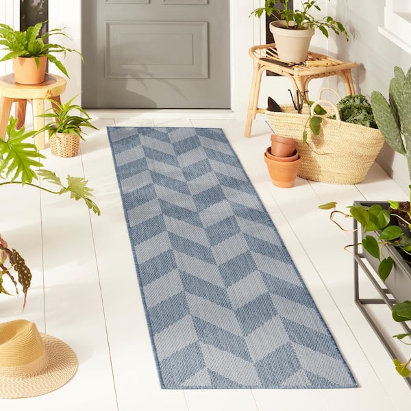 Patio Country Calla Blue/Grey 2 ft. x 7 ft. Herringbone Indoor/Outdoor Area Rug