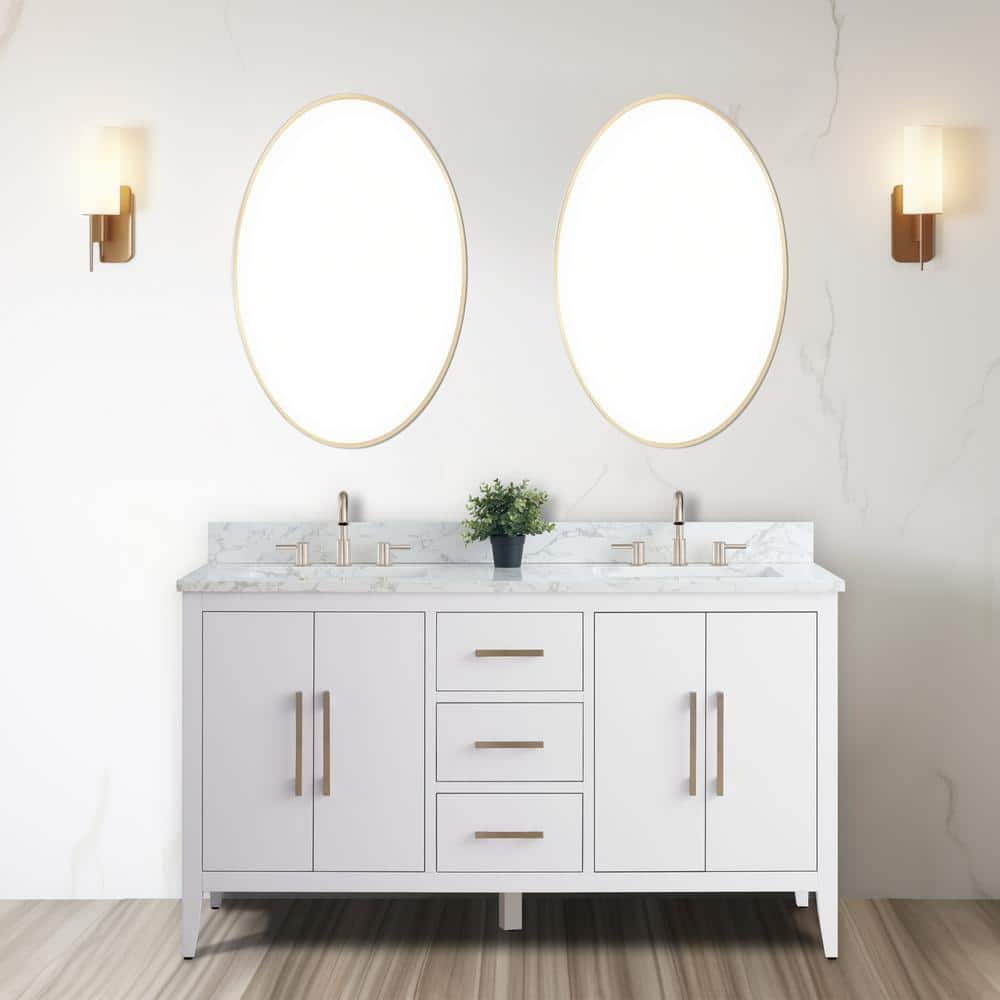 60" White Double Sink Bathroom Vanity with Marble Top