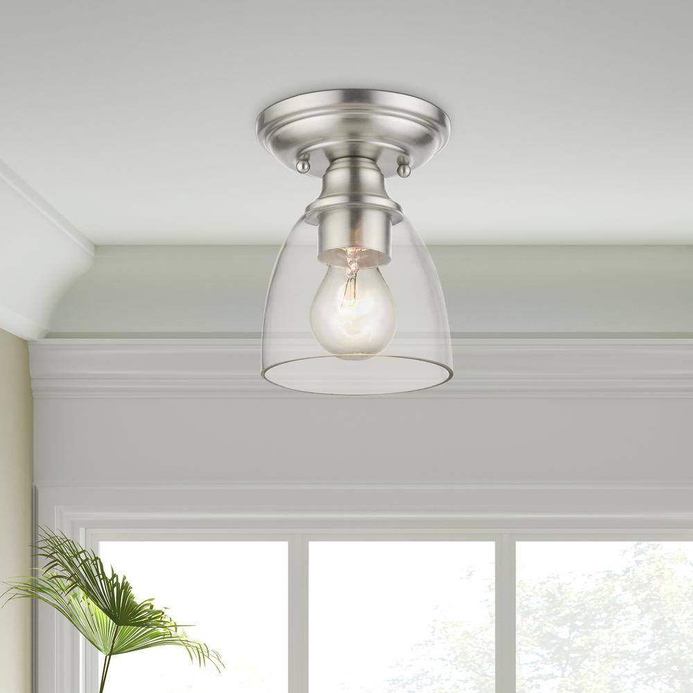 Brushed Nickel 1-Light Flush Mount with Clear Glass Shade