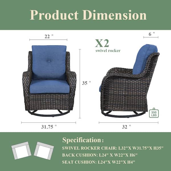 4-Piece Set Outdoor Swivel Brown Wicker Outdoor Rocking Chair with CushionGuard Blue Cushions