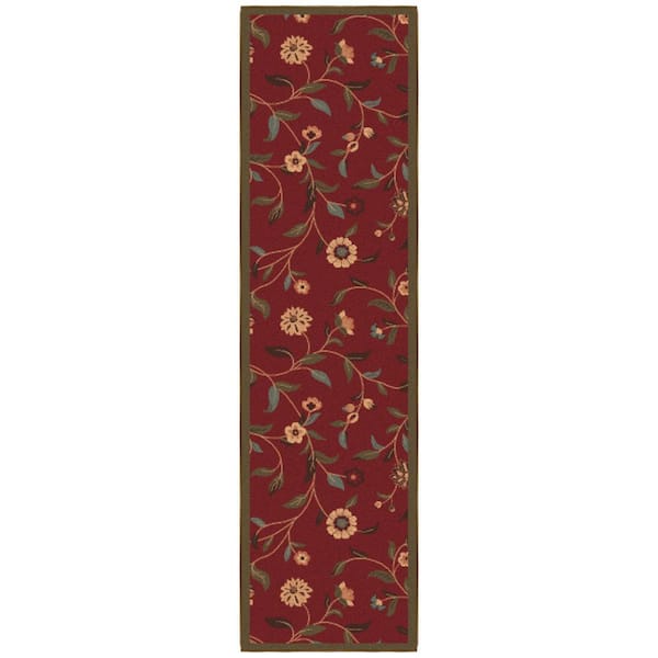 Ottohome Collection Non-Slip Rubberback Floral Leaves 2x7 Indoor Runner Rug, 1 ft. 10 in. x 7 ft., Dark Red