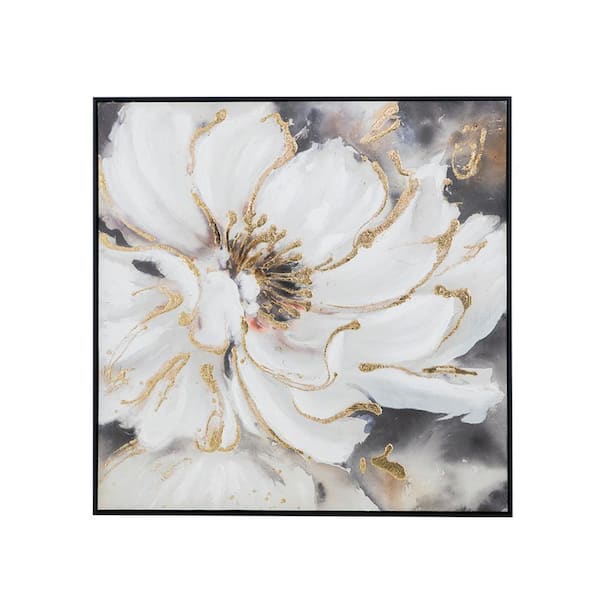 Benjara White and Gold Wooden Framed Floral Oil Painting Wall Art