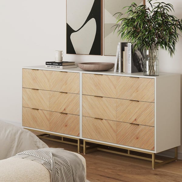 Enloe Natural Wash 3-Drawer 37 in. Bohemian Dresser w/ Herringbone Accent, Veneer Finish, Metal Legs & Handles, Set of 2