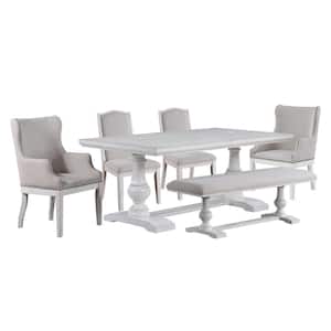 Warren 6-Piece White Wood Dining Room Set with 2 Gray Upholstered Side Chairs, 2 Gray Upholstered Arm Chairs and Bench