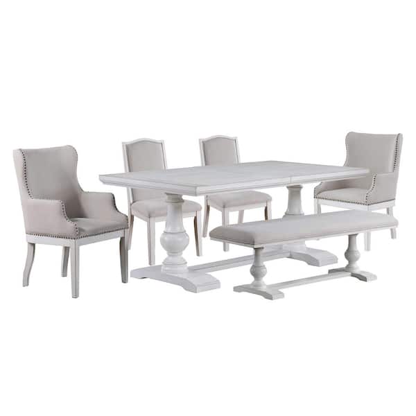 Steve Silver Warren 6-Piece White Wood Dining Room Set with 2 Gray Upholstered Side Chairs, 2 Gray Upholstered Arm Chairs and Bench