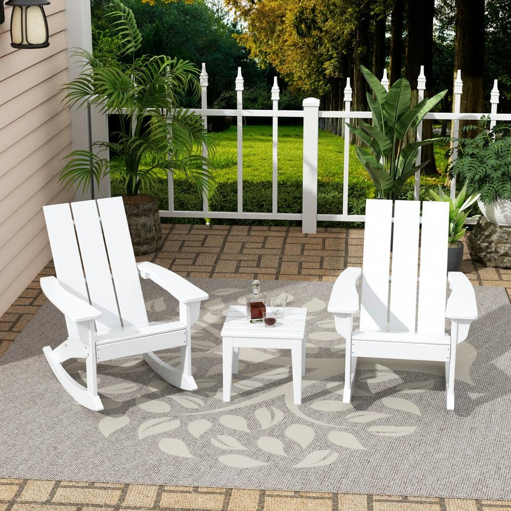 Westin Outdoor Shoreside White HDPE Plastic Modern Rocking Poly Adirondack Chair Set of 2 With Side Table OP5002 WH 3 The Home Depot