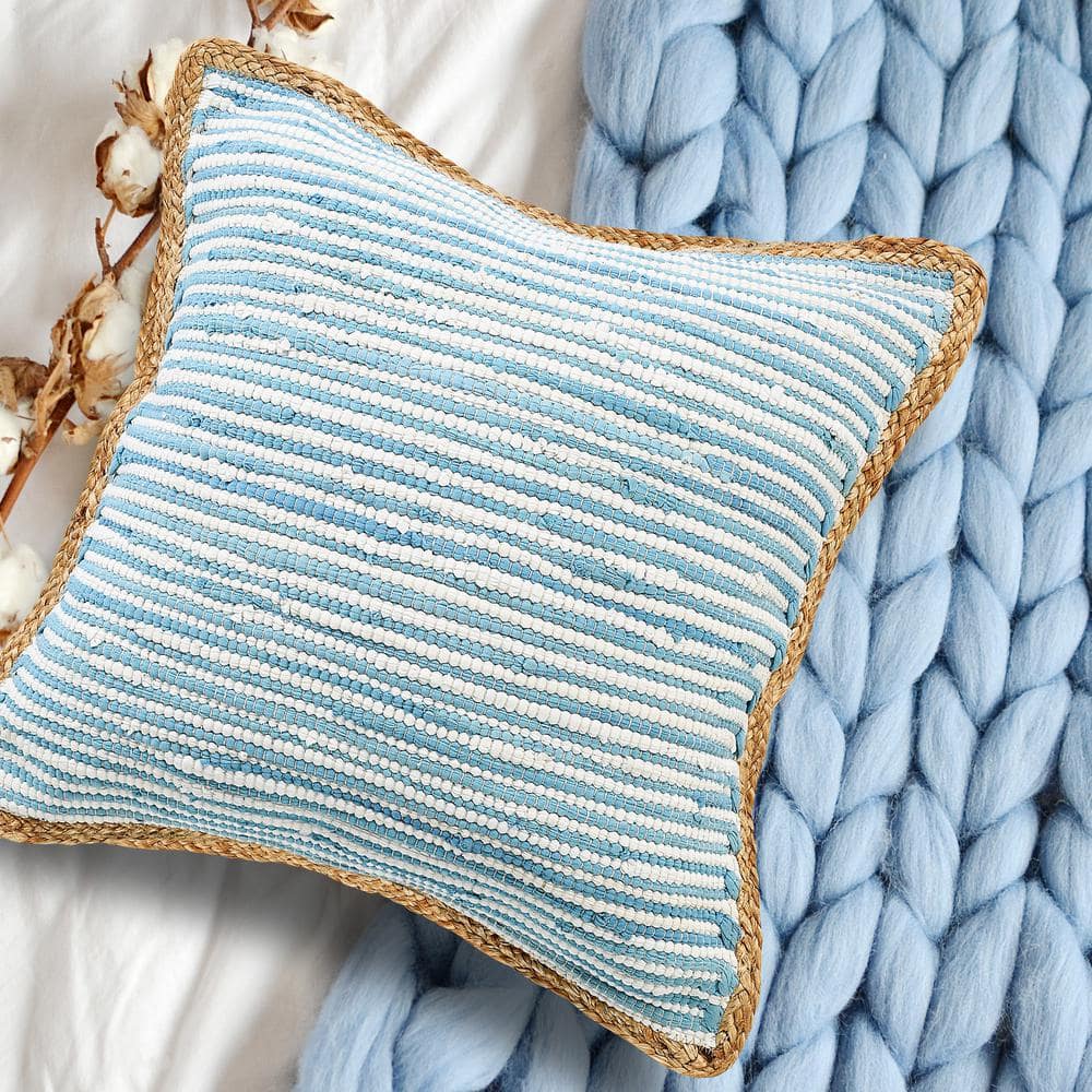 Set of 2 Blue and White Cotton Blend Square Throw Pillows