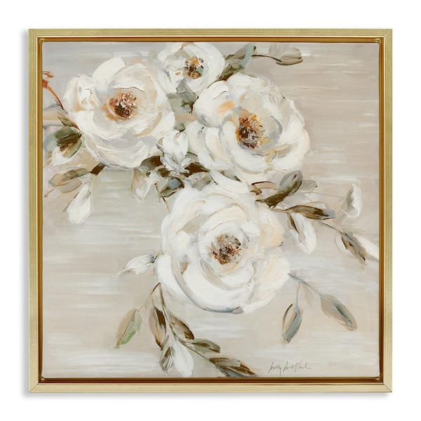 Neutral Rose Trio by Sally Swatland Gold Floater Frame Nature Graphic Art Print 18 in. x 18 in.