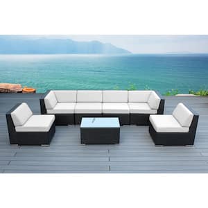 Black 7-Piece Wicker Patio Seating Set with Sunbrella Natural Cushions