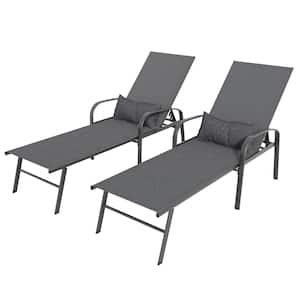 Gray Metal Frame Outdoor Patio Swimming Pool Lounge Recliner with Pillow (Set of 2)