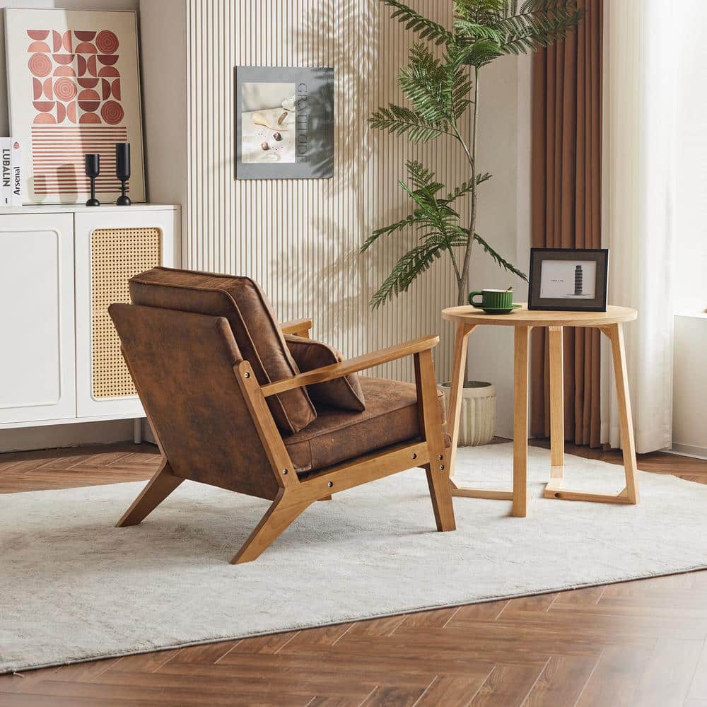 Brown Suede Wood Frame Mid-Century Modern Accent Chair
