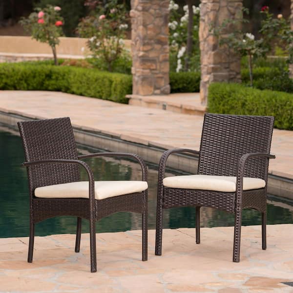 Unbranded Brown 2-Piece Wicker Outdoor Dining Chair with Beige Cushions (2-Pack)