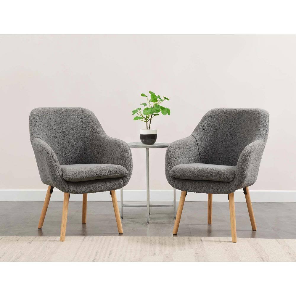 Gray Sherpa Wood Accent Chair with Detachable Cushion