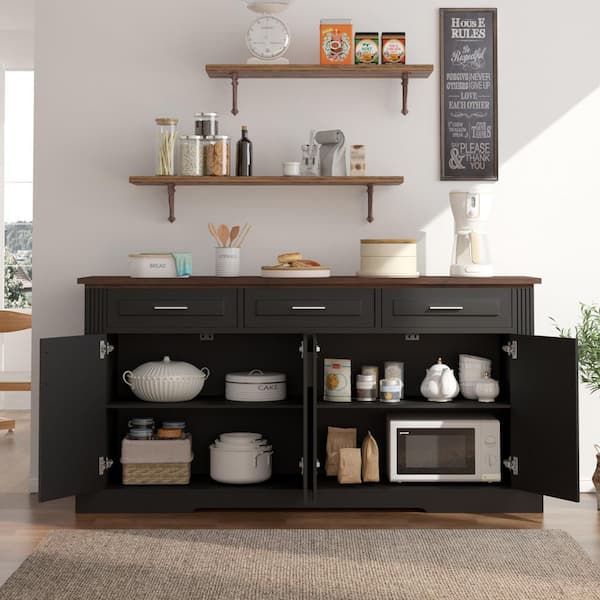 63 in. Black Wood Fluted Sideboard Buffet Cabinet, Farmhouse Kitchen Storage Console Table with 4-Doors and 3-Drawers