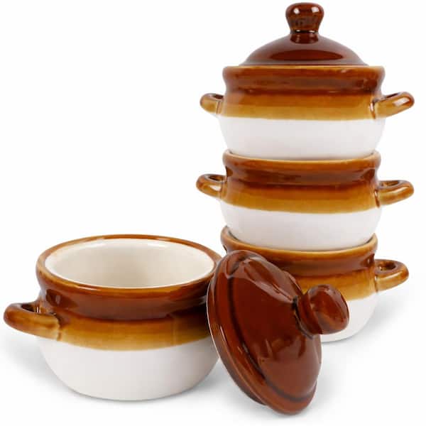 4-Piece Brown White Ceramic French Onion Soup Bowls with Handles Lids Oven Microwave Safe Kitchen Tableware Set