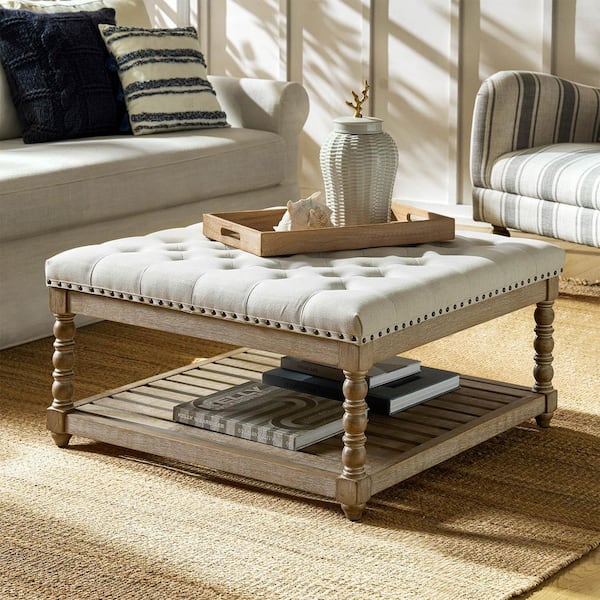 JAYDEN CREATION Sara Ivory Polyester Square Ottoman with Carved