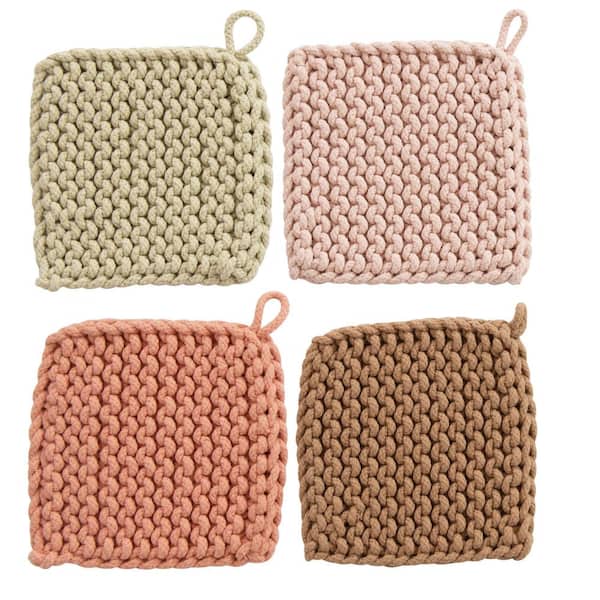 Storied Home Cotton Multi Color Square Crocheted Pot Holders (4-Pack)
