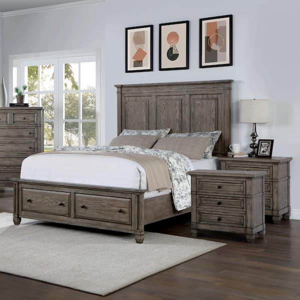 Dotta 3-Piece Gray Queen Wood Bedroom Set, Bed and 2 Nightstands