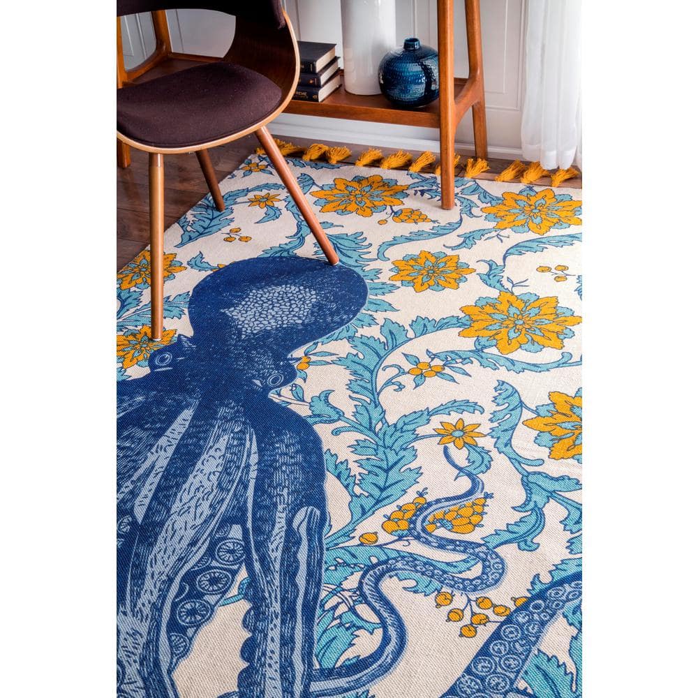 Multicolor Cotton Octopus Flatweave Area Rug with Tassels, 5' x 8'