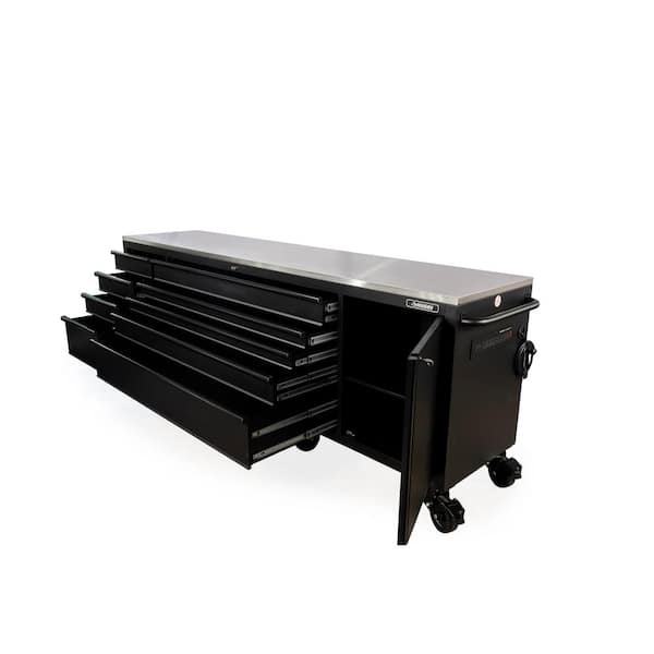Husky 108 in. W x 24 in. D 9-Drawer Heavy-Duty Mobile Workbench with Stainless Steel Top in Matte Black