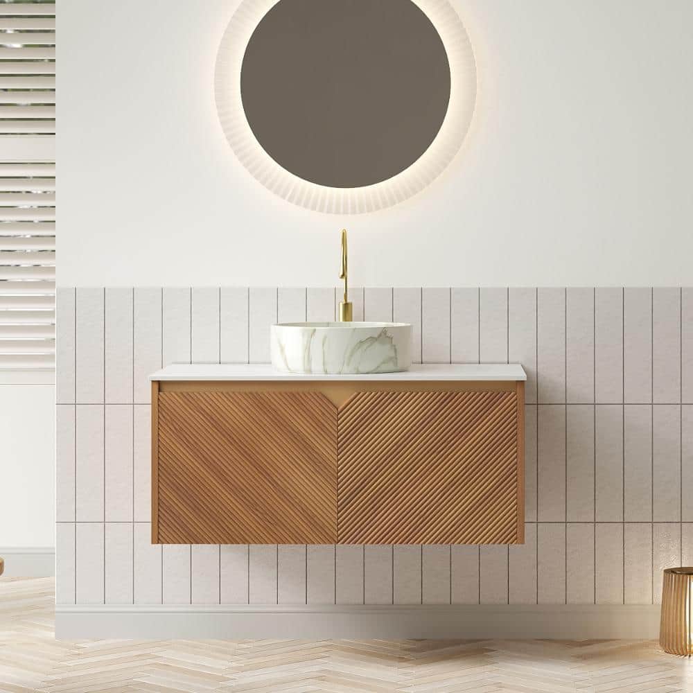 "36"" Floating Plywood Vanity , Twill Double Doors, Matte Stone Basin & Sintered Top, Brown Oak" price history on PriceWatchPro