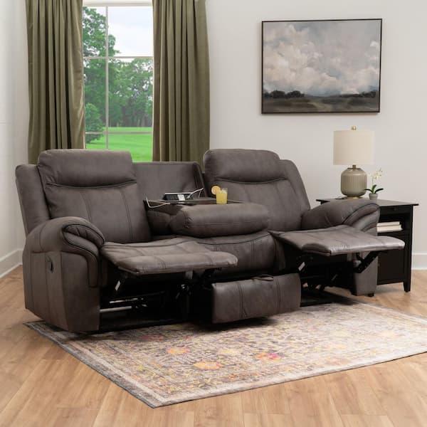 Ganni Manual Reclining 87.5 in. Pillow Top Arm Faux Leather Rectangle Sofa in. Stone Gray