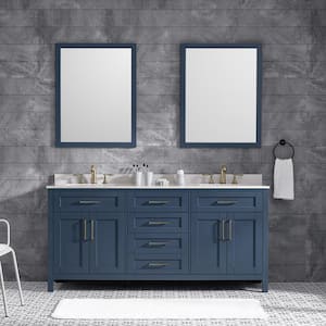 Tahoe 72 in. W x 21 in. D x 34 in. H Double Sink Vanity in Midnight Blue with White Engineered Stone Top, Mirrors & USB
