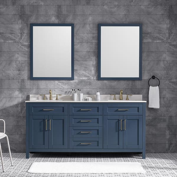 OVE Decors Tahoe 72 in. W x 21 in. D x 34 in. H Double Sink Vanity in Midnight Blue with White Engineered Stone Top, Mirrors & USB