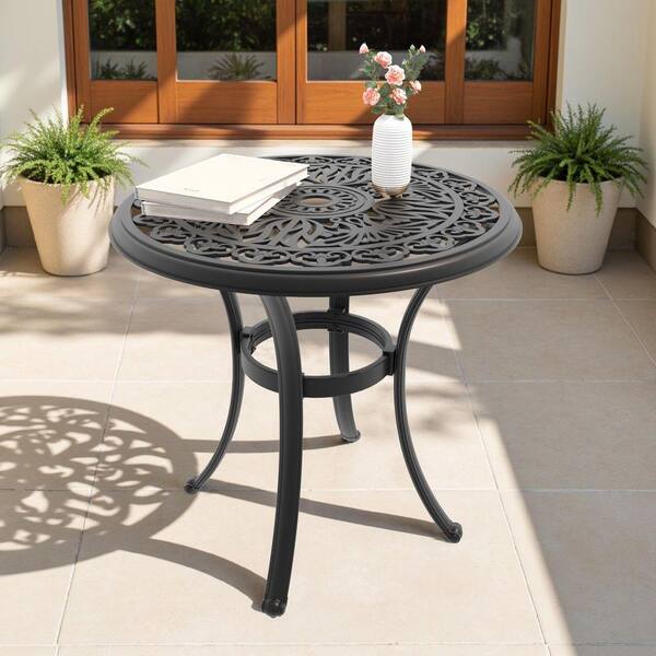 Black Round Cast Aluminum Outdoor Dining Table-Umbrella Hole Patio