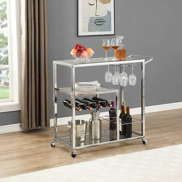 Tileon Silver Bar Serving Cart Tempered Glass Metal Frame Wine Storage