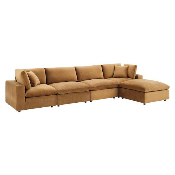 MODWAY Commix Down Filled Overstuffed Performance Velvet 5-Piece Sectional Sofa in Cognac