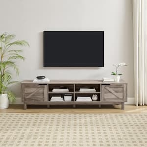 70 in. Grey Wash Wood Modern Farmhouse TV Stand with 2 Barndoors Fits TVs up to 80 in.