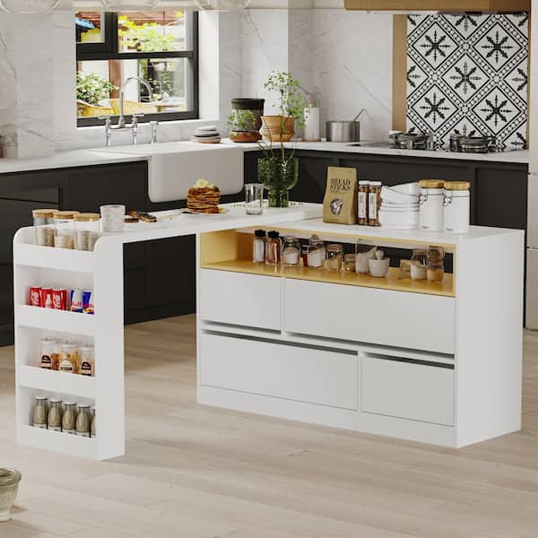 FUFU&GAGA White and Brown Wood 94.5 in. W Kitchen Island Dining Bar Table with Moveable Tabletop, Shelves, Drawers